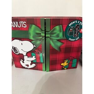 Peanuts Mens 2 Piece Sleep Set Snoopy Woodstock Pajamas Christmas Plaid Medium